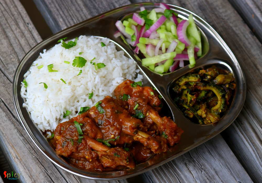 Bhat, Uchhe Begun vaja, Chicken curry, Salad