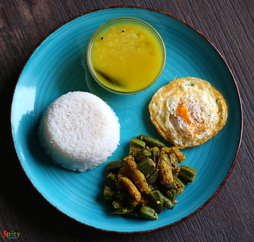 Rice, Daal, Aloo Bhindi, Egg Poach